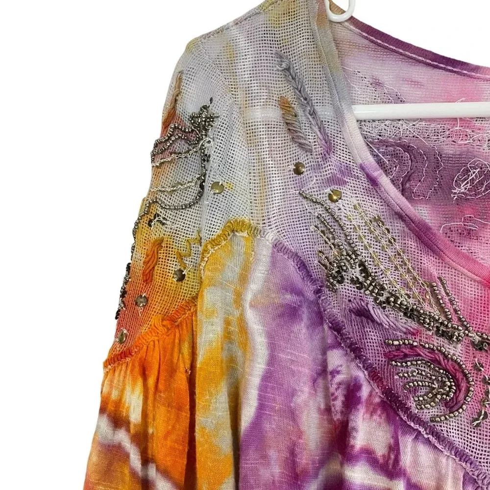 Free People Geode Tie Dye Top Blouse Womens XS Small Beaded Colorful Rainbow Tee